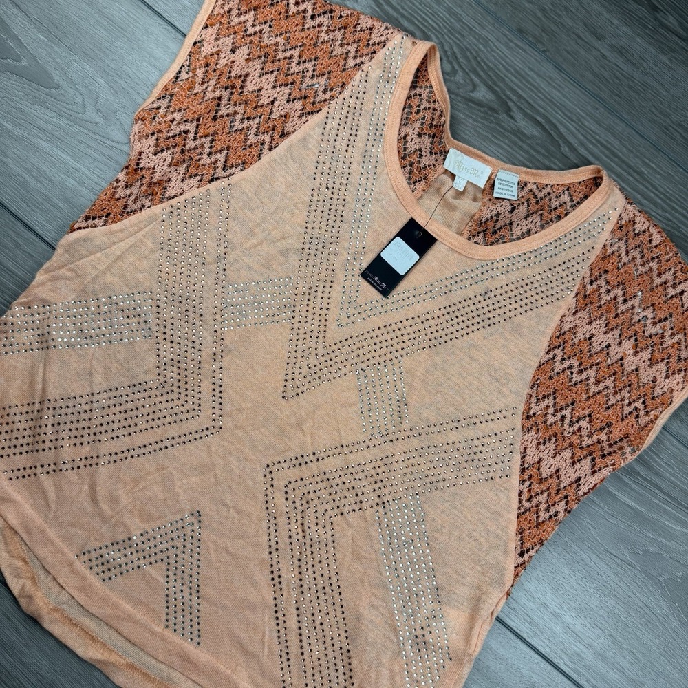 Miss Me Womens Chevron Sleeves Geometric Studded Sleeveless Top Orange Large New